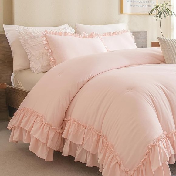 Petal Pink King Size Bed Comforter Set Blush French Shabby Chic Ruffle Bedding - Picture 4 of 12